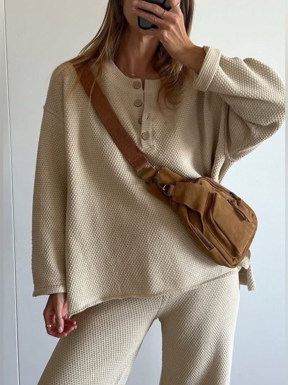 Free People Hailee Knit Cream Tan Waffle Knit Henley Sweater Set M - Picture 5 of 16